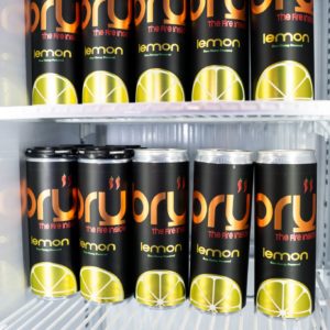 a shiny case of Pepper Bru lemon 12 oz cans